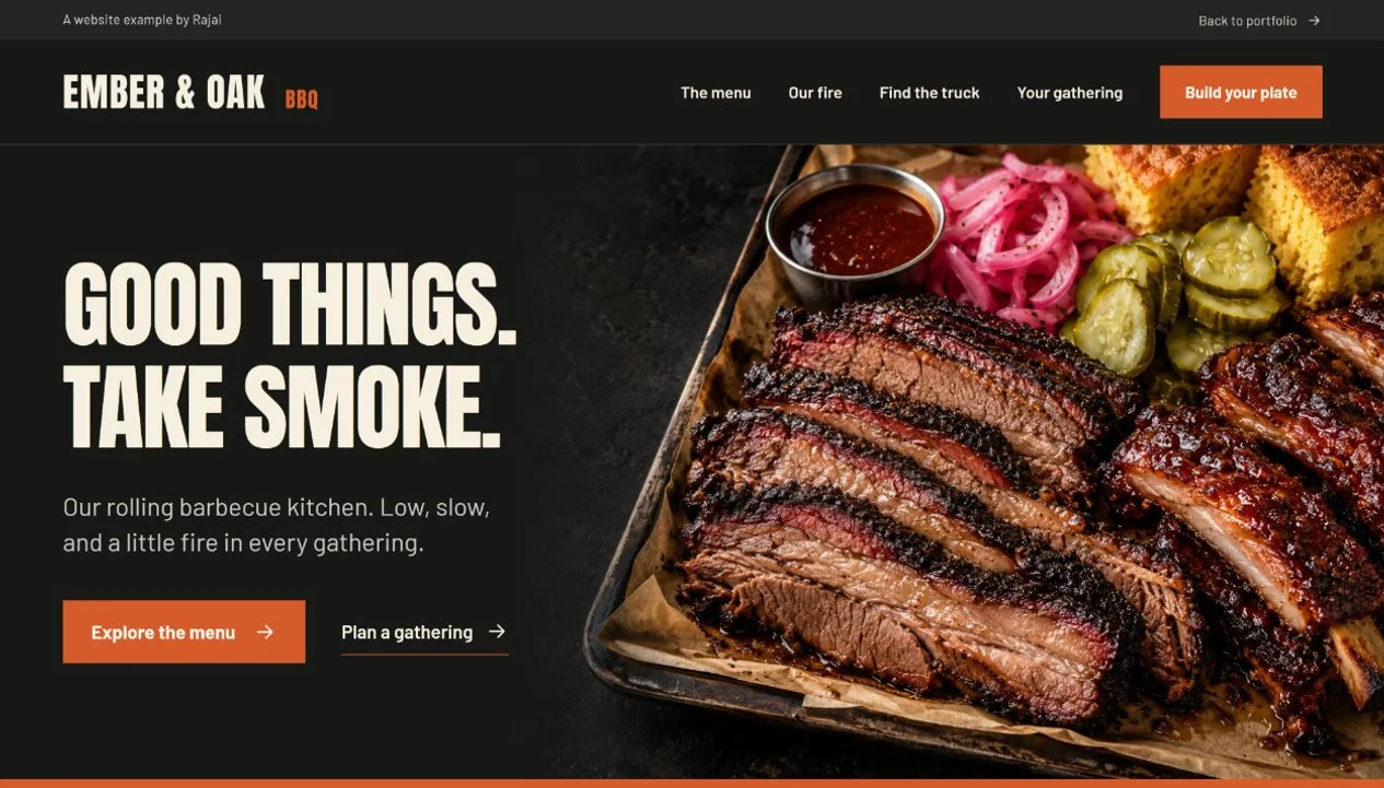 Ember and Oak BBQ website with a smoked barbecue platter