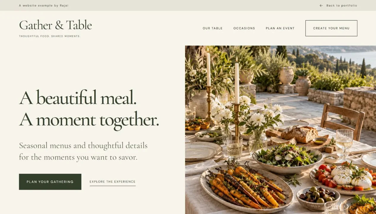 Gather and Table catering website with an elegant food and table setting