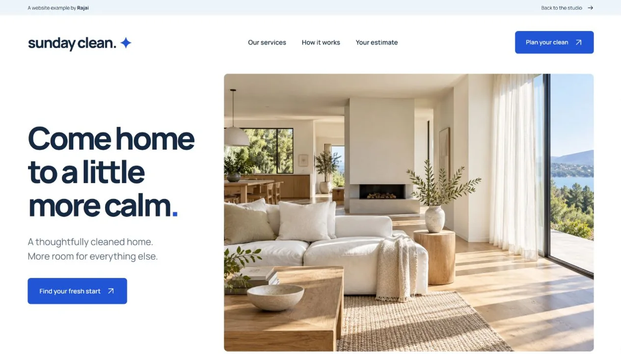 Sunday Clean website featuring a bright and tidy living room