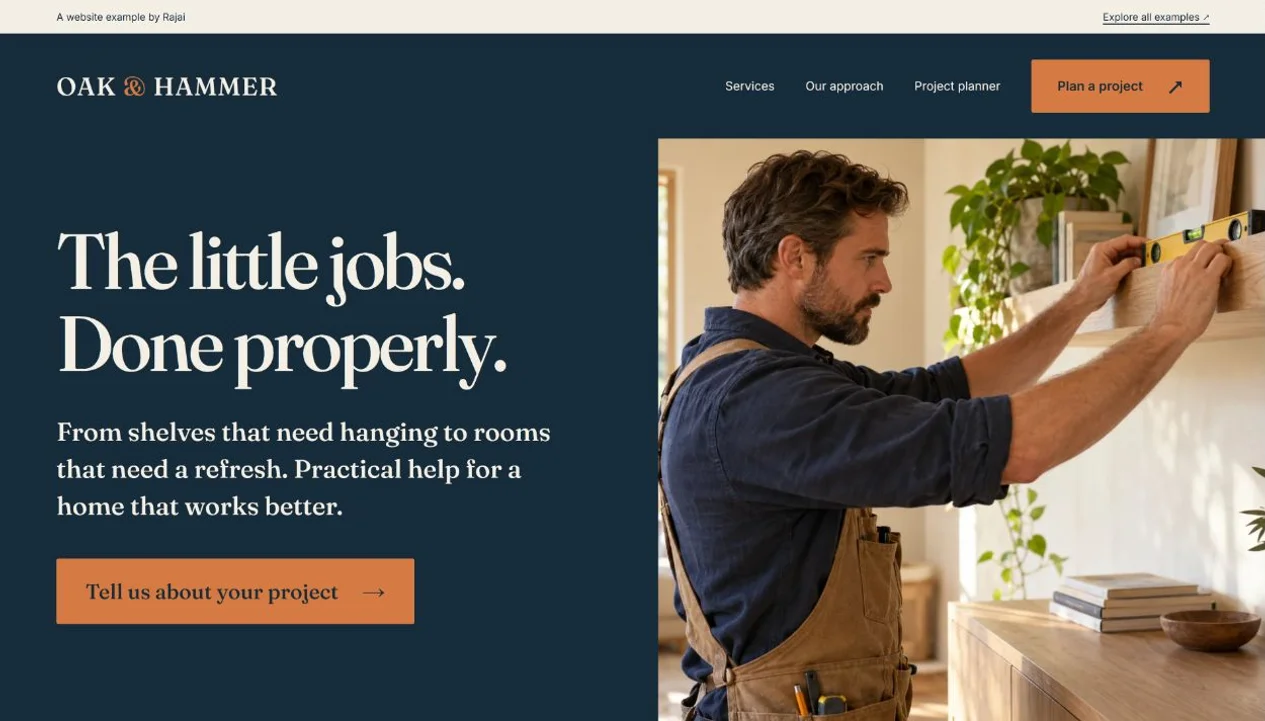 Oak and Hammer handyman website with a craftsman at work