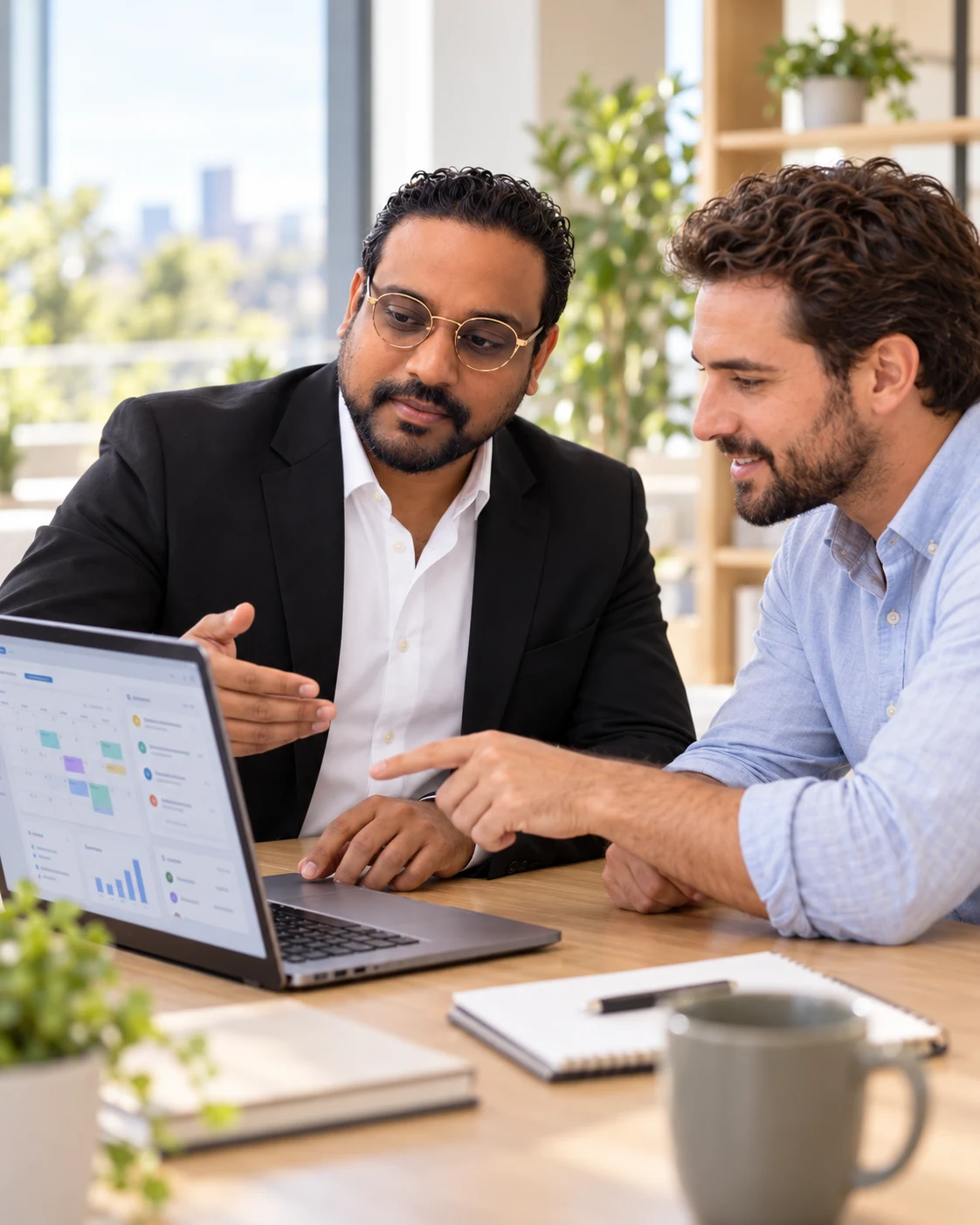 Illustrative collaboration scene: Rajai and a business owner reviewing a custom application on a laptop