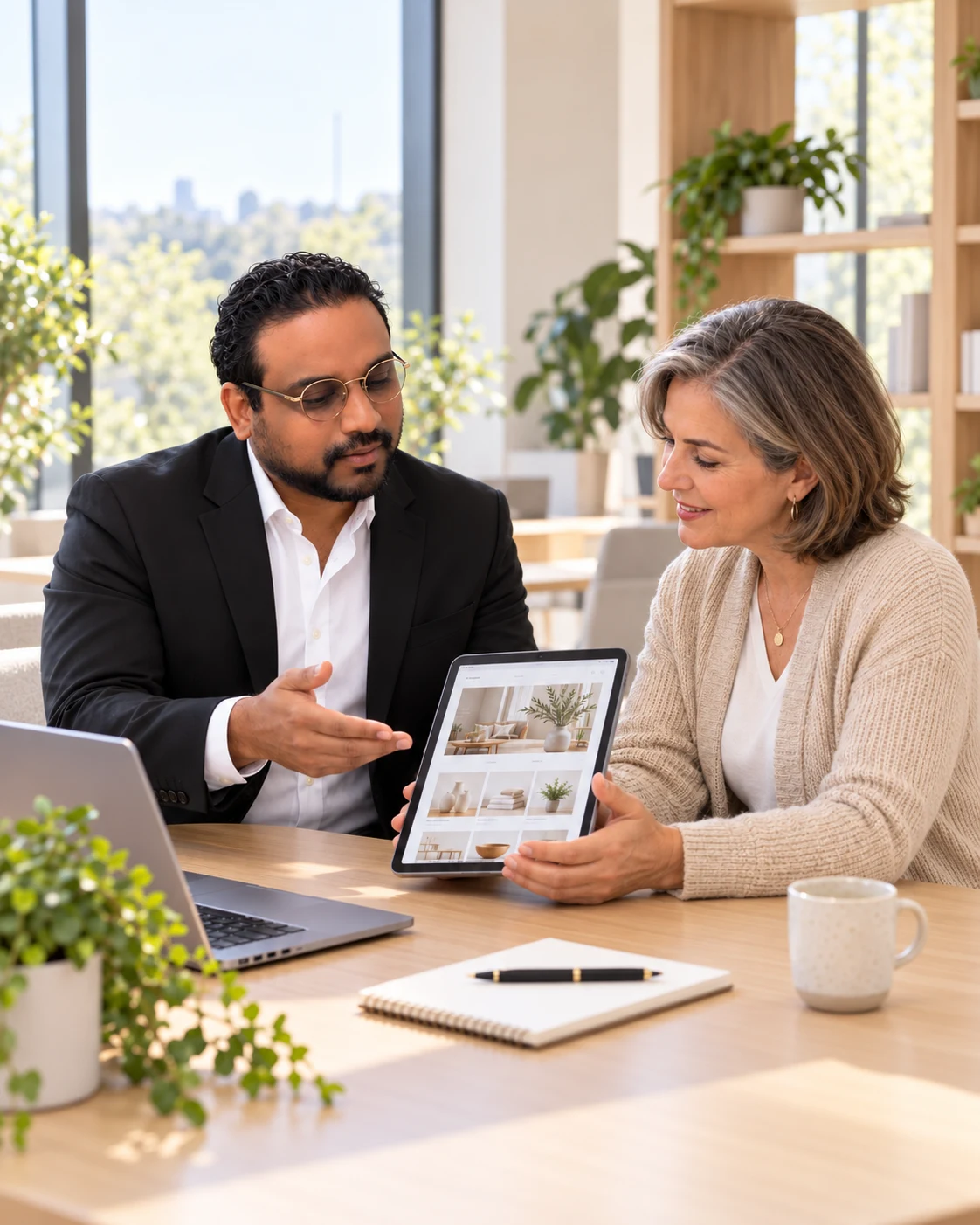 Illustrative support scene: Rajai helps a business owner review her online store on a tablet