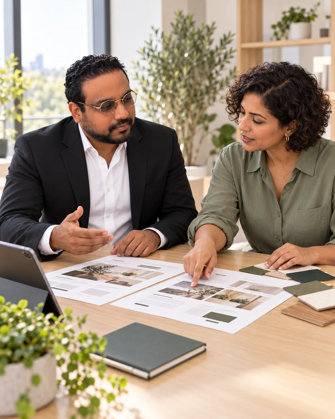 Illustrative design scene: a business owner shows Rajai her ideas using website layouts and color samples