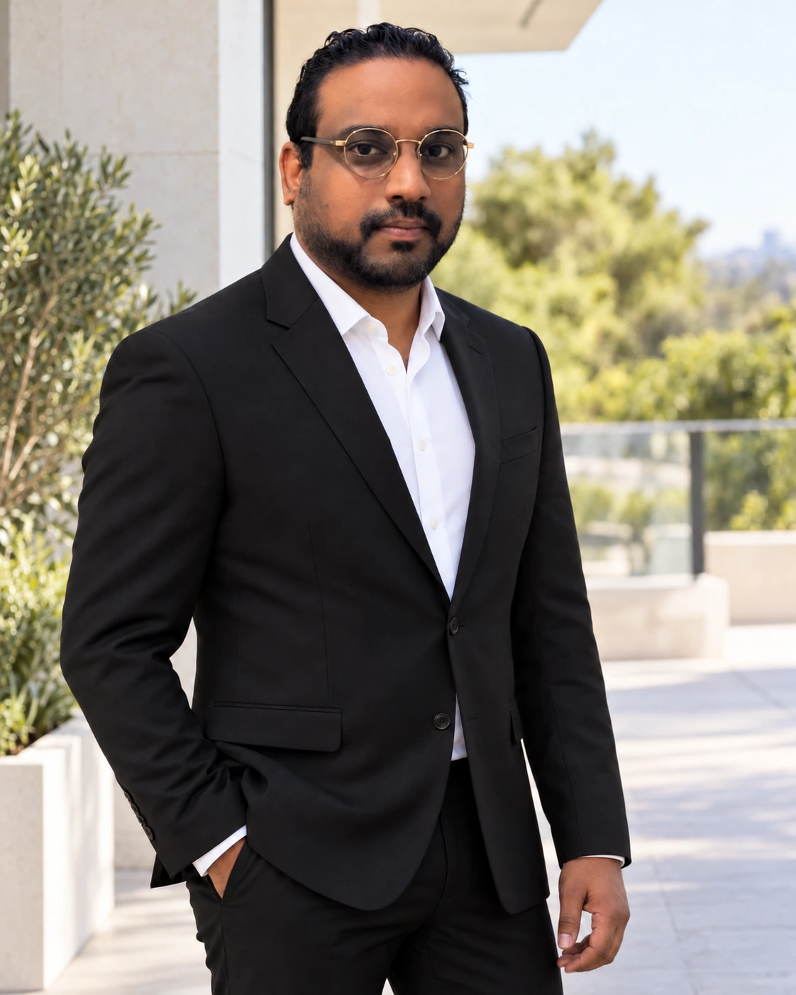 Rajai Rahaman in a black suit and white shirt, standing in a garden