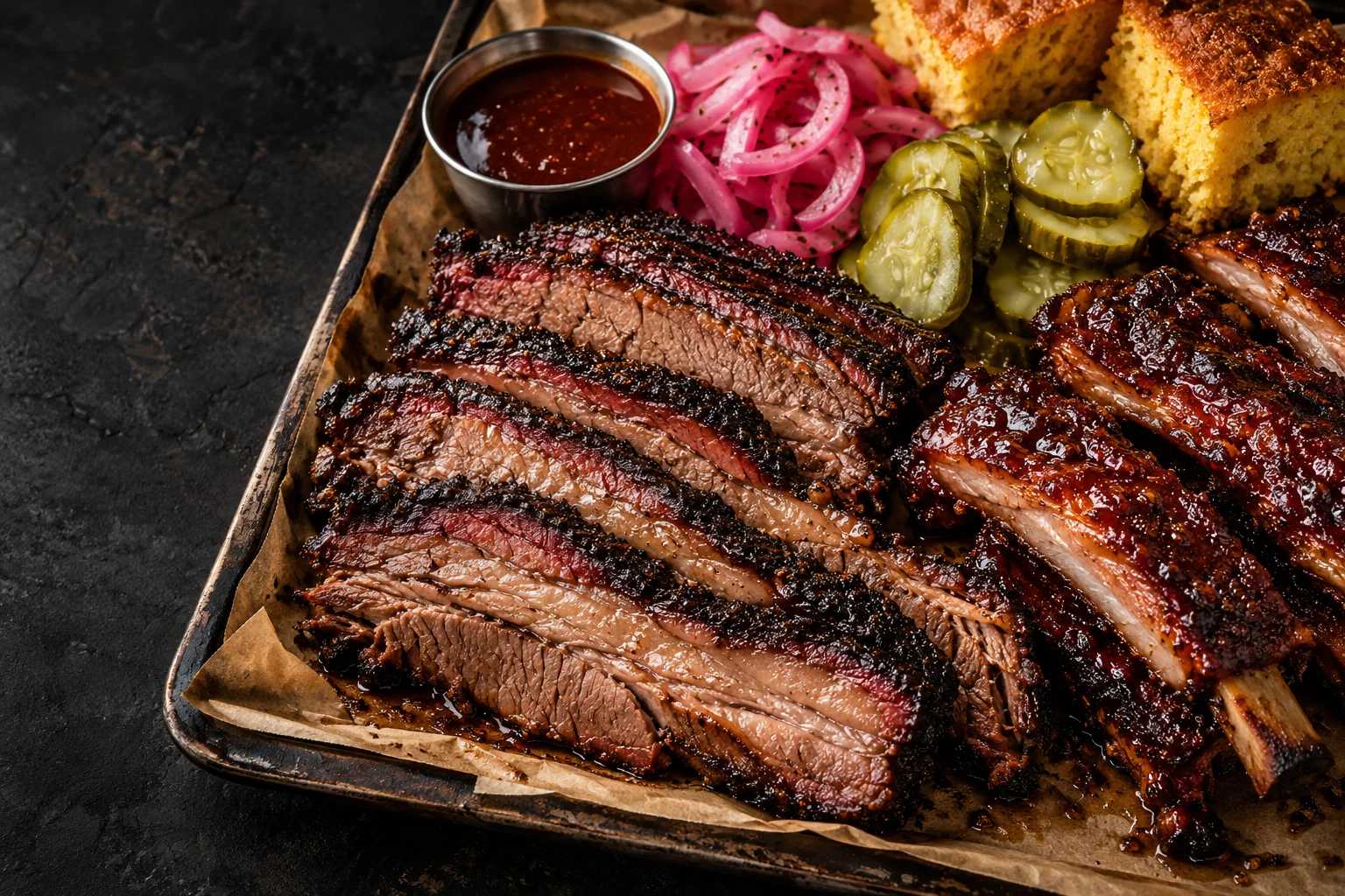 Sliced smoked brisket, glazed ribs, cornbread and pickles on a barbecue tray