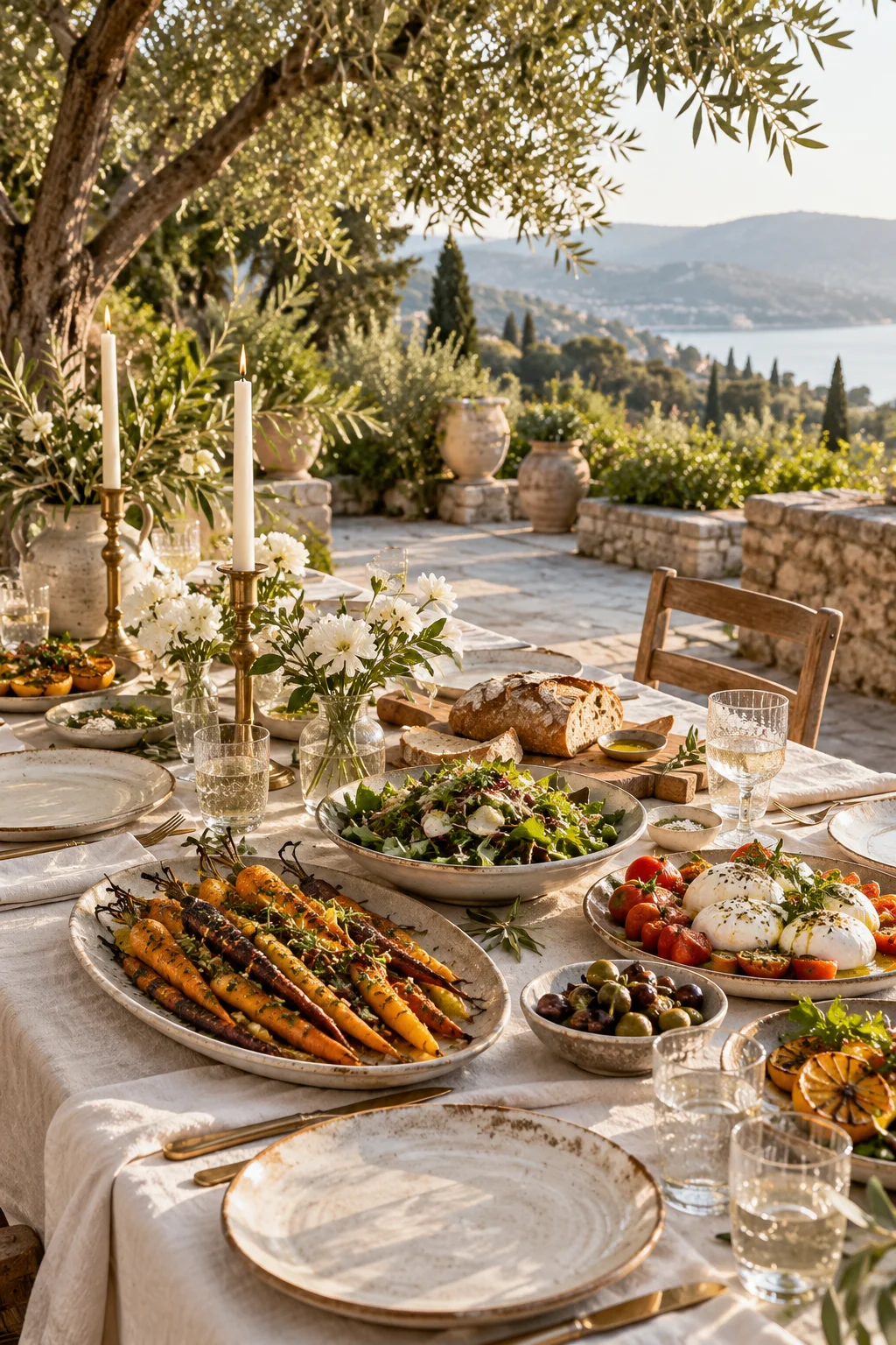 A sunlit gathering table with seasonal dishes, linen, candles and flowers under olive trees