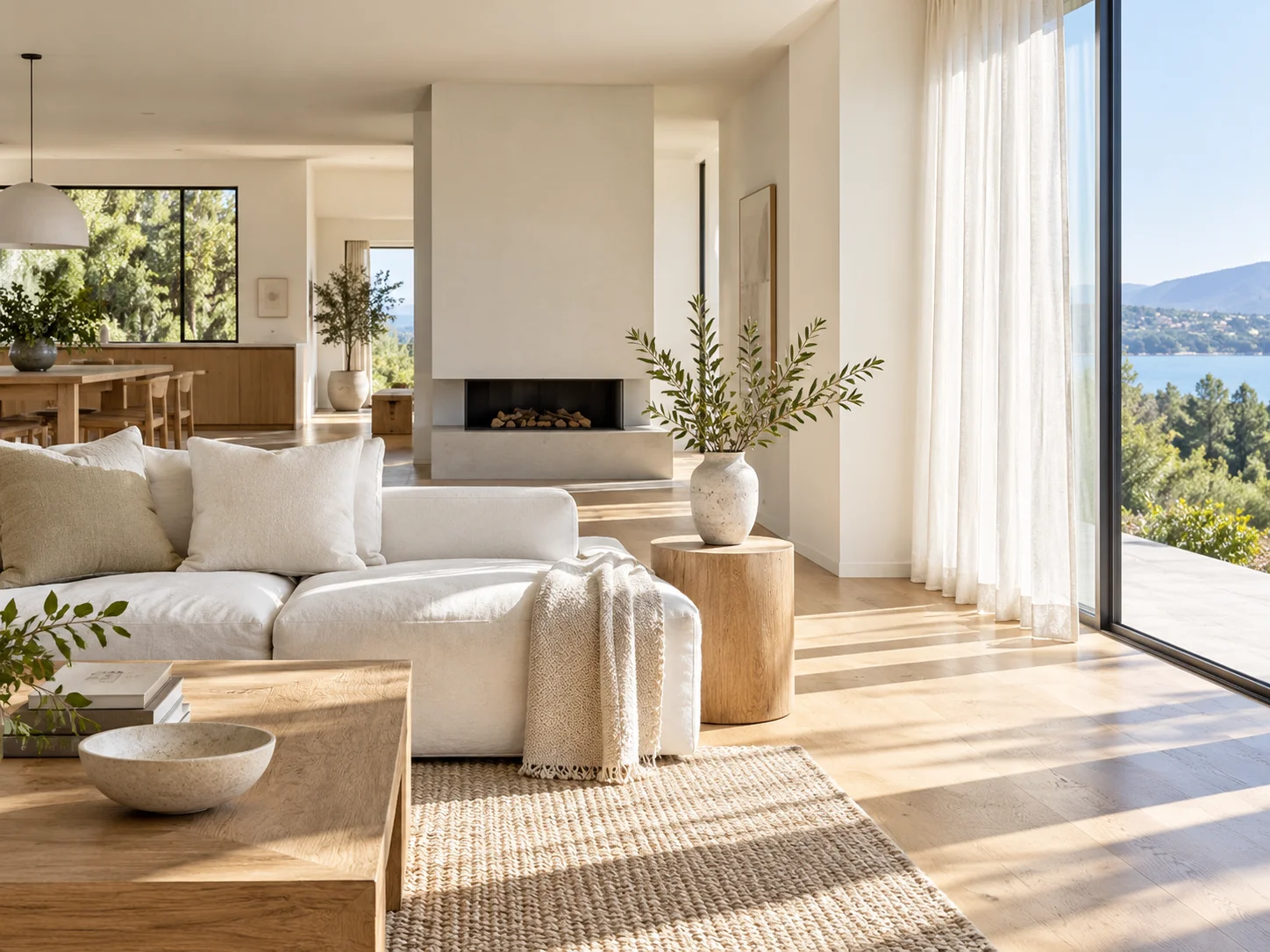 A pristine sunlit living room with a linen sofa, oak furniture, and sheer curtains