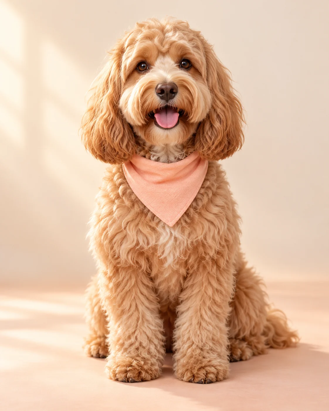 A fluffy apricot cockapoo wearing a peach bandana