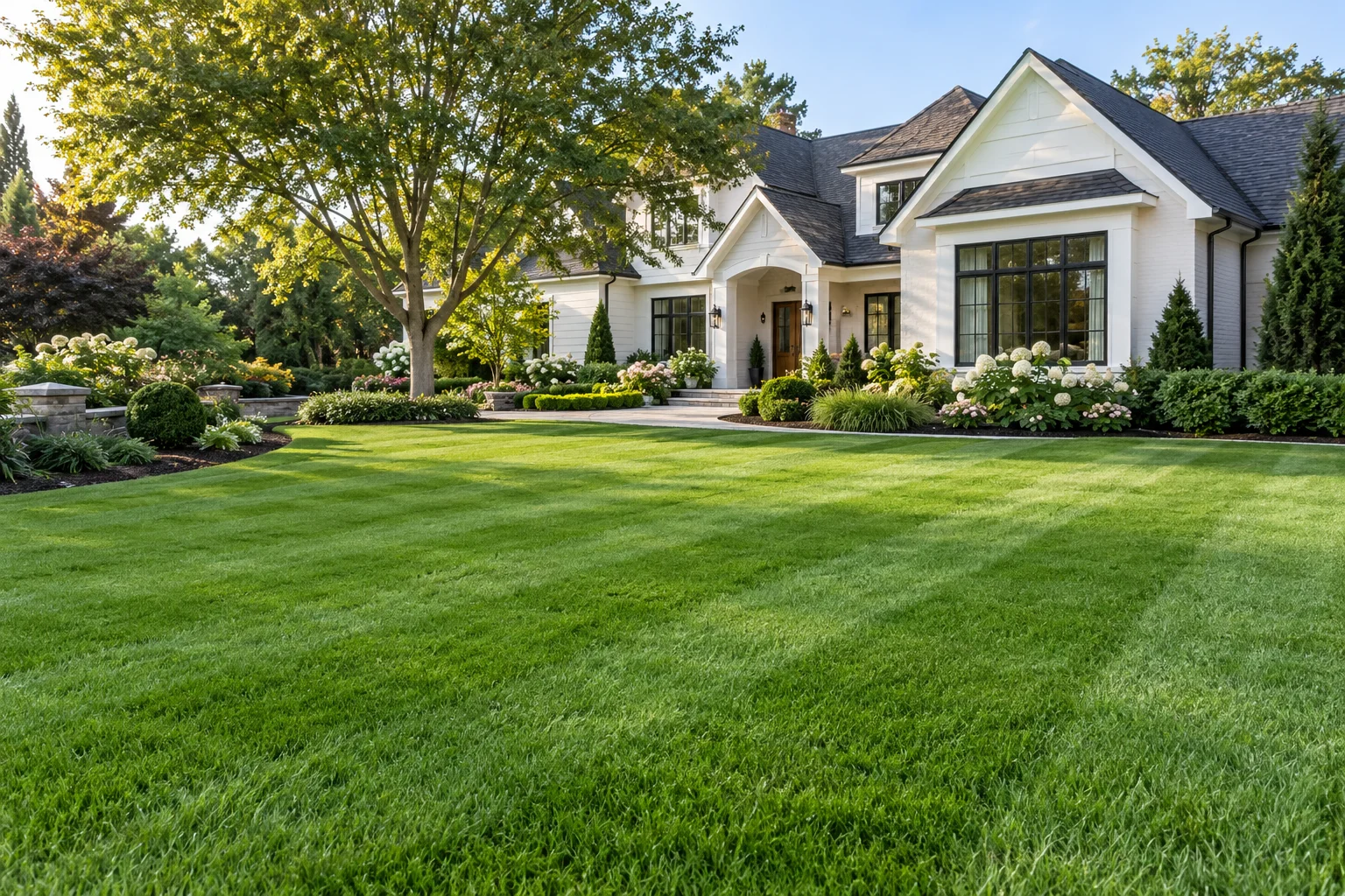 A lush, neatly edged lawn and flowering garden beside a warm white home